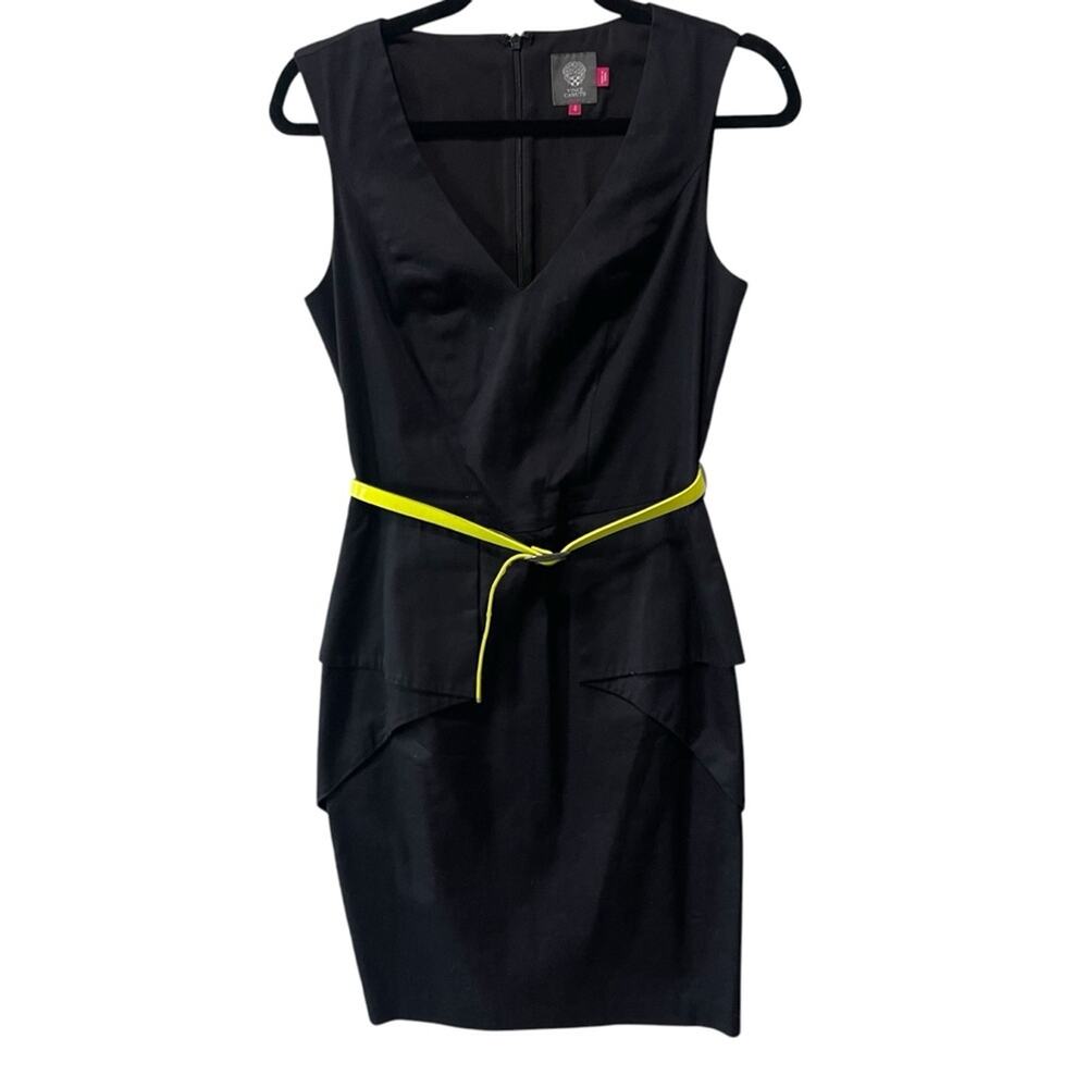 Vince Camuto V Neck Sleeveless Peplum Body Con Dress w/ Belt Black Size 4